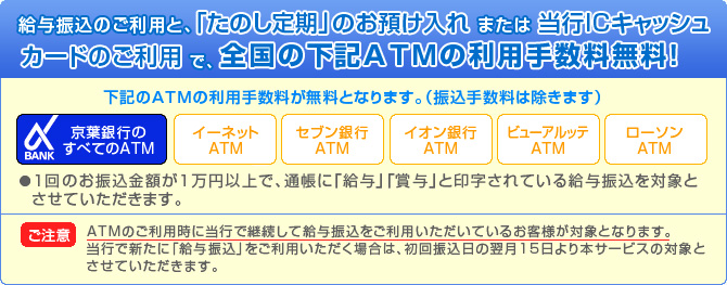 給与振込のご利用と、「たのし定期」のお預け入れまたは当行ICキャッシュカードのご利用で、全国の下記ATMの利用手数料無料!